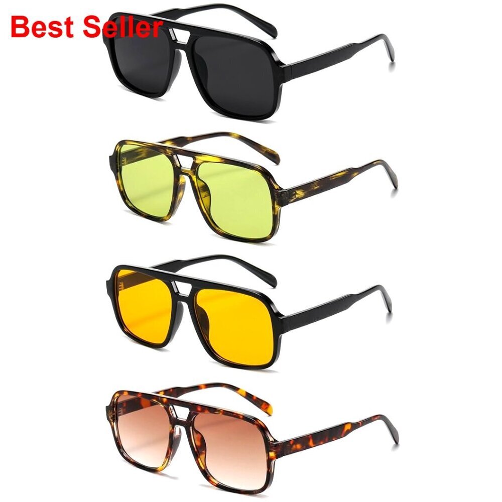 4 Pairs Retro 70s Square Aviator Sunglasses Oversized Vintage Shades